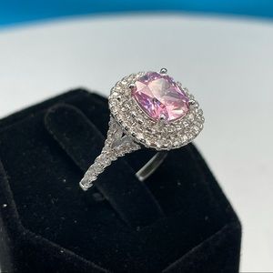 Beautiful Cushion Cut Double Halo Pink Sapphire Diamond CZ Silver Plated Ring